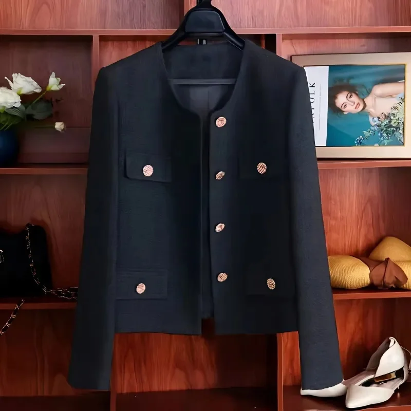 Short Black Coat Female Spring And Autumn Thin Overcoat 2024 New High-Grade Sense Blazer Round Collar Temperament Jacket