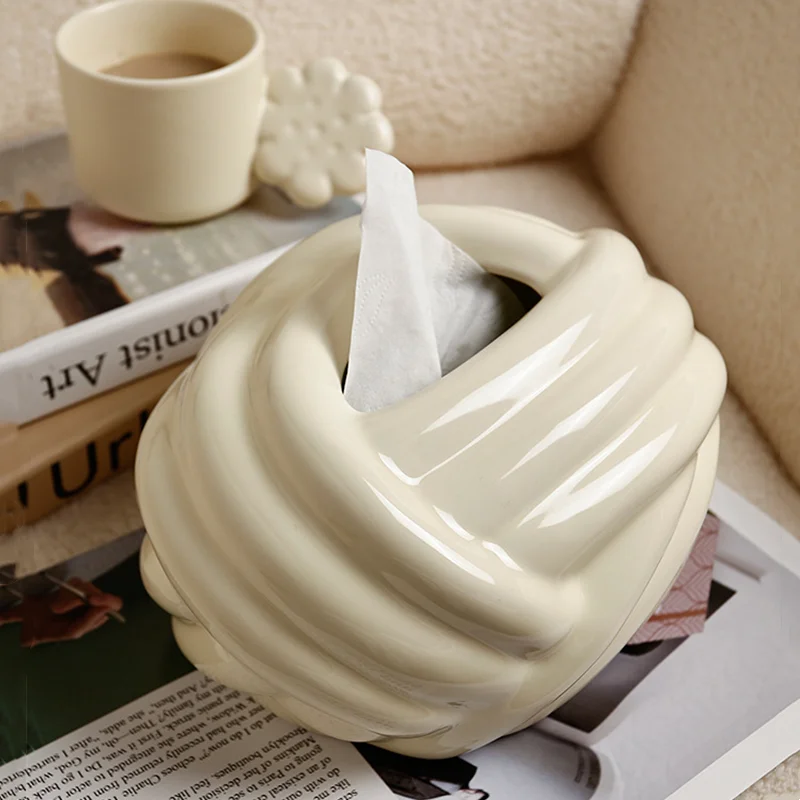 Braided Pattern Ceramic Tissue Box Geometric Grain Wool Ball Paper Extractor Napkin Holder Household Storage