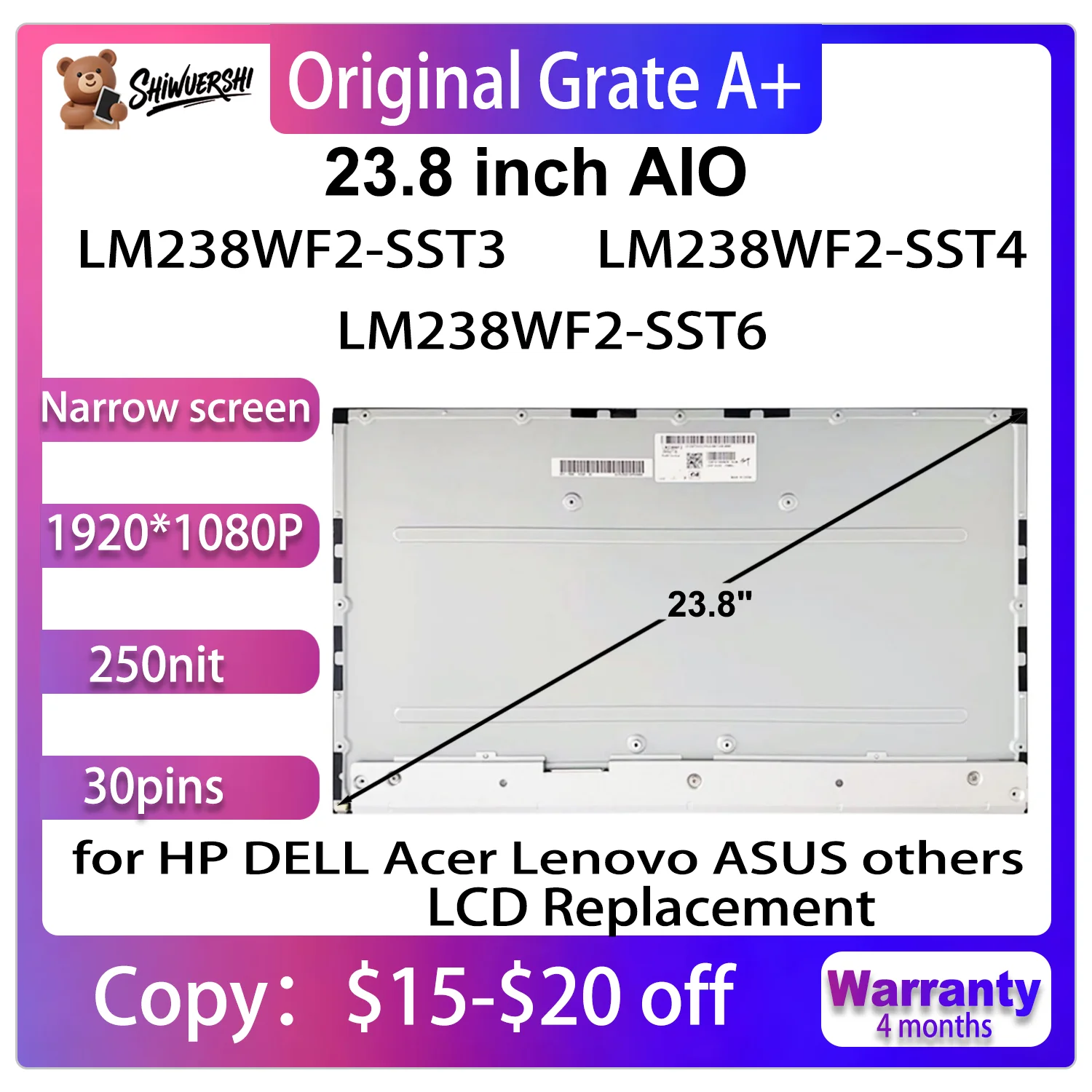

Оригинальный LM238WF2-SST3 SST4 SST6 23,8-дюймовый IPS 30-контактный FHD для HP Acer ASUS Dell Lenovo AIO ЖК-дисплей