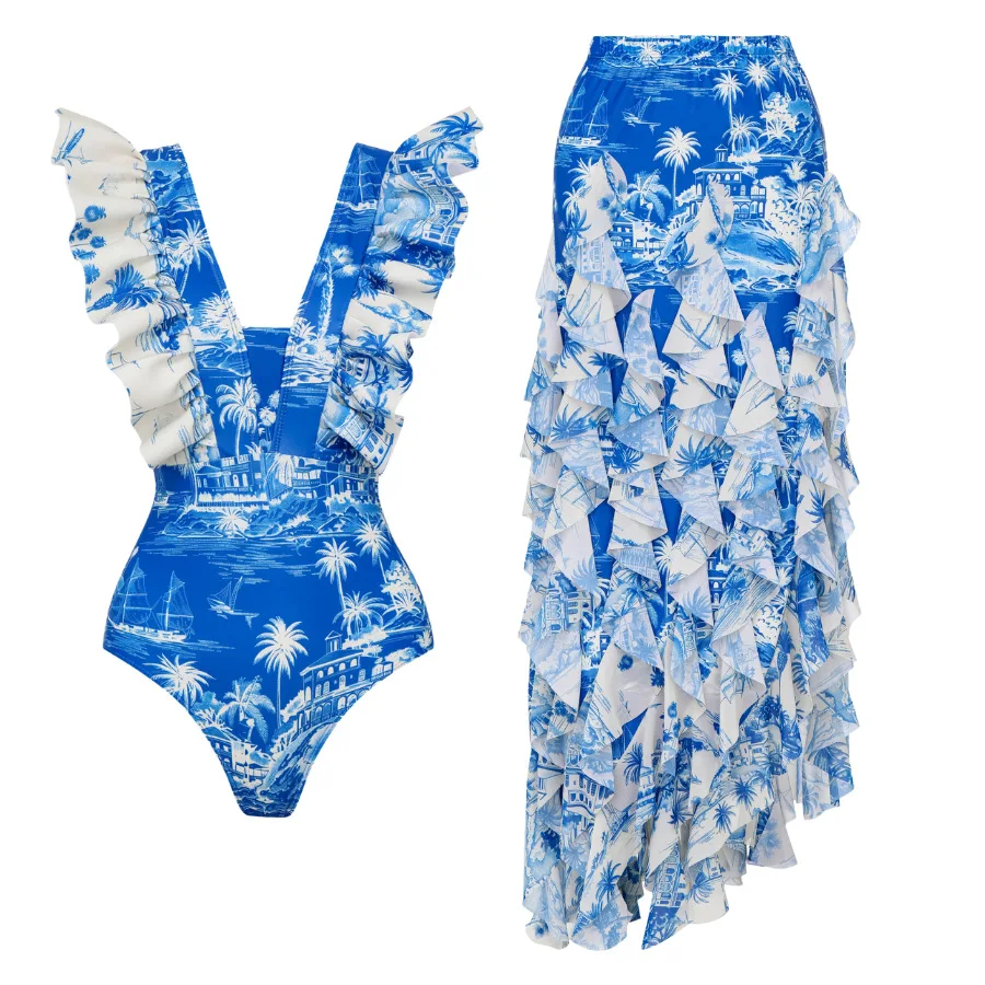 

One Piece Swimsuit For Women European And American Swimwear Blue Coconut Tree Island Print One-piece Swimsuit Suit Women