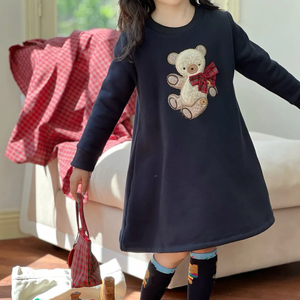 fall winter baby girls clothes kids dress Cartoon teddy bear pattern girls\' long sleeved dress Velvet warm dress