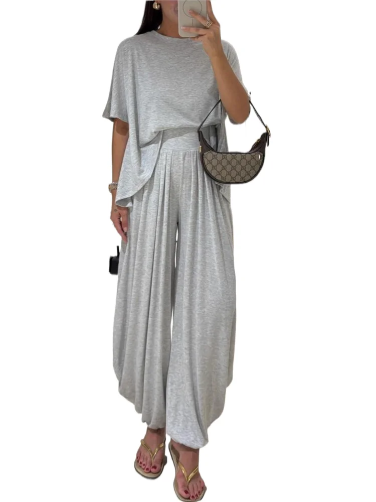 

Casual T Shirt Short Sleeved Women's Top 2 Piece Set Summer Elegant Fashion Loose High Waist Wide-leg Trousers Female Pants Sets