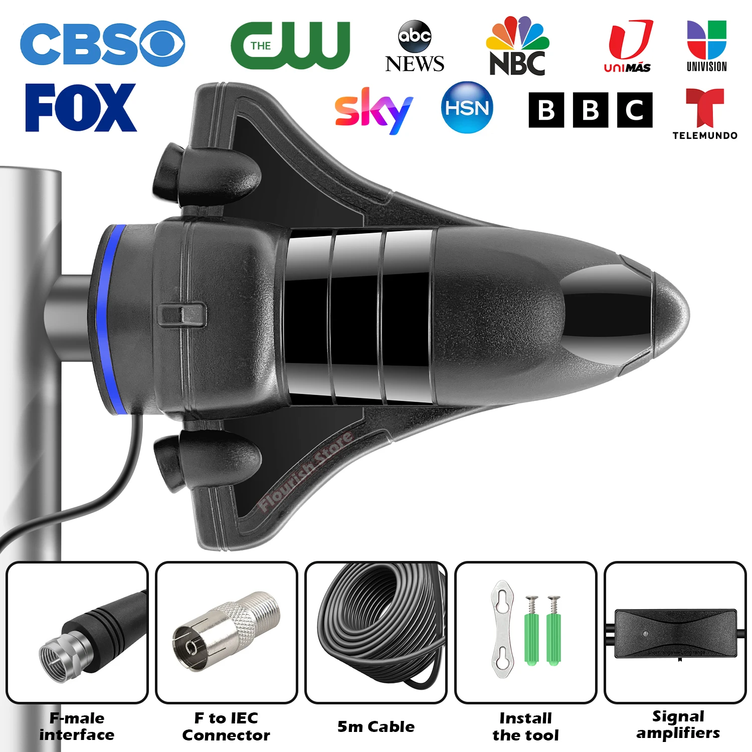 3200+ 마일 범위 TV 안테나, 디지털 TV 안테나 실내 실외 증폭기 신호 부스터, 휴대용 HDTV 안테나 지원 4K