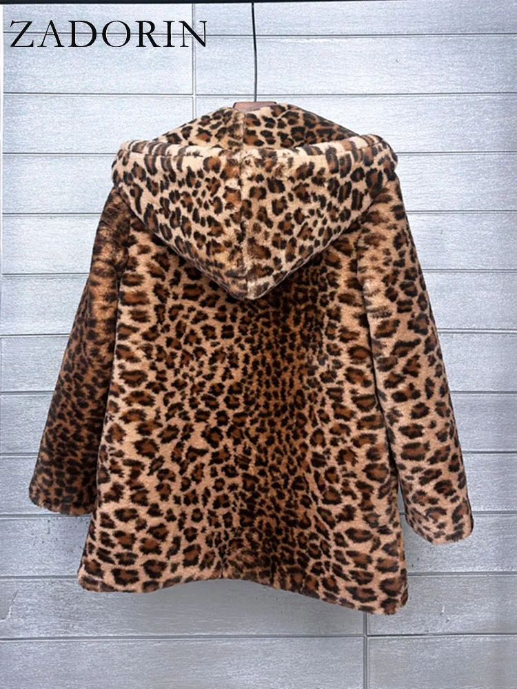 ZADORIN Furry Leopard Print Jacket Women 2024 Winter Fluffy Loose Faux Rabbit Fur Coat Thick Warm Plush Jackets for Women Coats