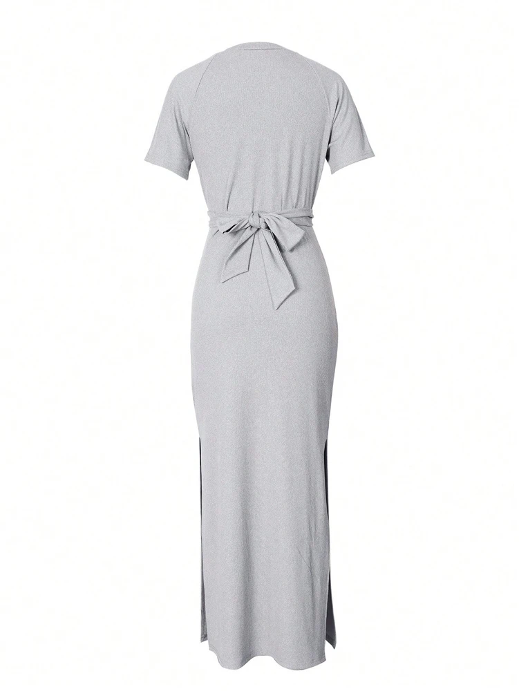 Women Round neck Chest Crossed Waist short sleeve Side split medium-length dress Homecoming Valentine's Day Elegant