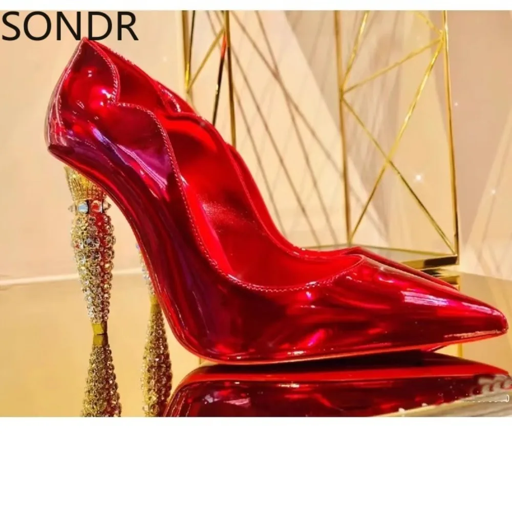 

Womens Pointed Toe Patent Leather Strange Irregular Heel High Pumps Low Top Sexy Party Shoes Heels Plus Size New 2024