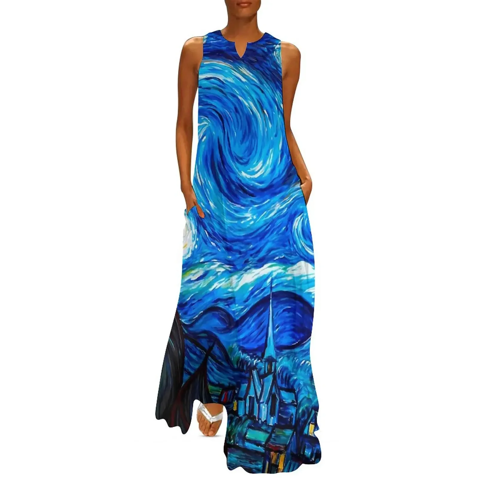 Starry Night Women Dress Abstract Famous Painting Trendy Maxi Dress Street Casual Long Dresses Women V-Neck Sleeveless Vestidos