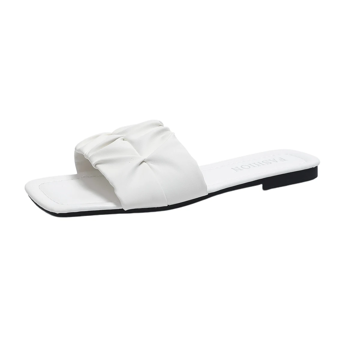 Weiche PU-Sandalen mit gerafften Riemen, Damen-Slipper mit eckiger offener Zehenpartie, flache, lässige Sommerslipper für den Alltag – Detail 7