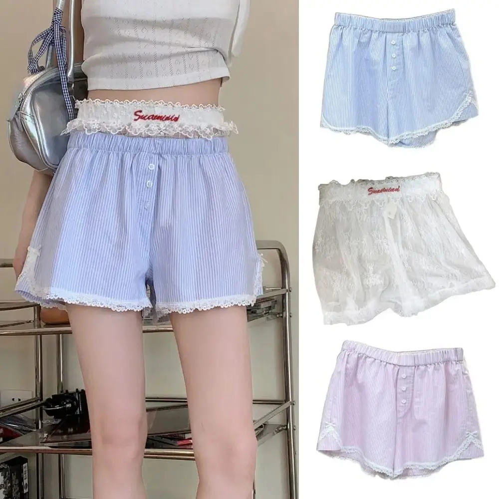 

Модные свободные кружевные шорты в клетку, сетчатые шорты в цветочную полоску с высокой талией, милые широкие короткие штаны в стиле Лолиты для девочек