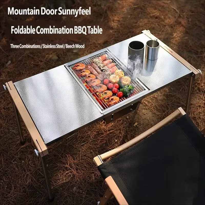 Portable Stainless Steel Folding Camping Table with Integrated BBQ Grill and Wood Stove for Outdoor Picnic Barbecue Cooking