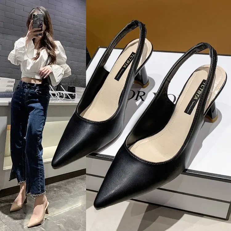 High heels, women's slim heels, toe caps, sandals, empty back, shallow mouth, single shoes, pointed shoes, women's shoes