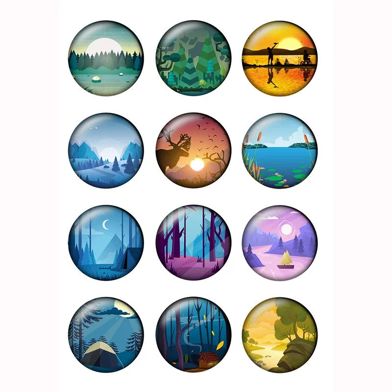 Colorful Landscape illustration Pattern 24pcs/lot 10mm-25mm Round photo glass cabochon demo flat back Making findings H056