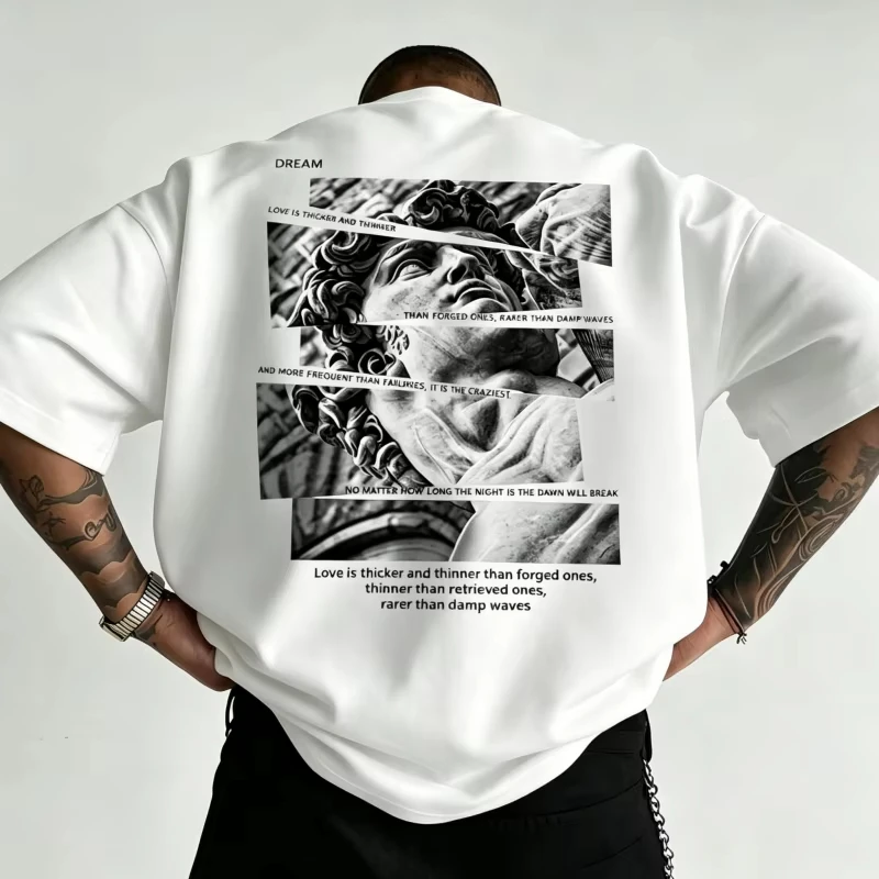 Men's T-shirt Featuring A Collage of Broken Plaster Statues on The Back, Printed on The Body, Unisex Fashion Short-sleeved T-shi