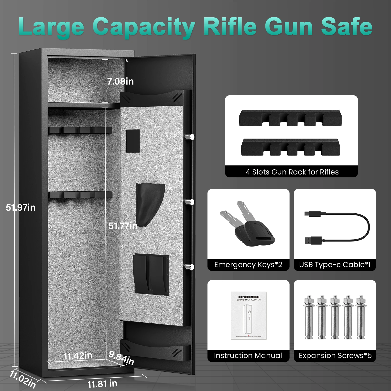 Kavey 4-5 senapan aman, pistol lebih dalam dan lebih besar aman dengan Keypad Digital lampu latar, rak dapat dilepas & rak pistol dapat disesuaikan