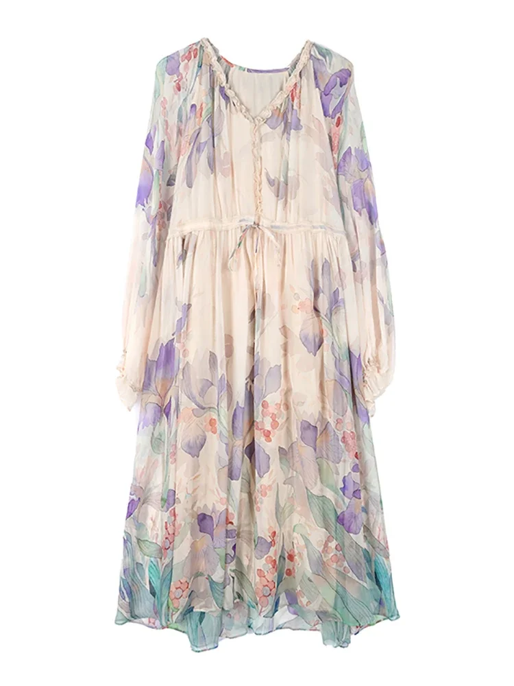 Vestido boho de babados manga comprida, seda floral, besch elegante, vestido de férias, vintage coreano, baile de baile, primavera, verão, 2023, 2023