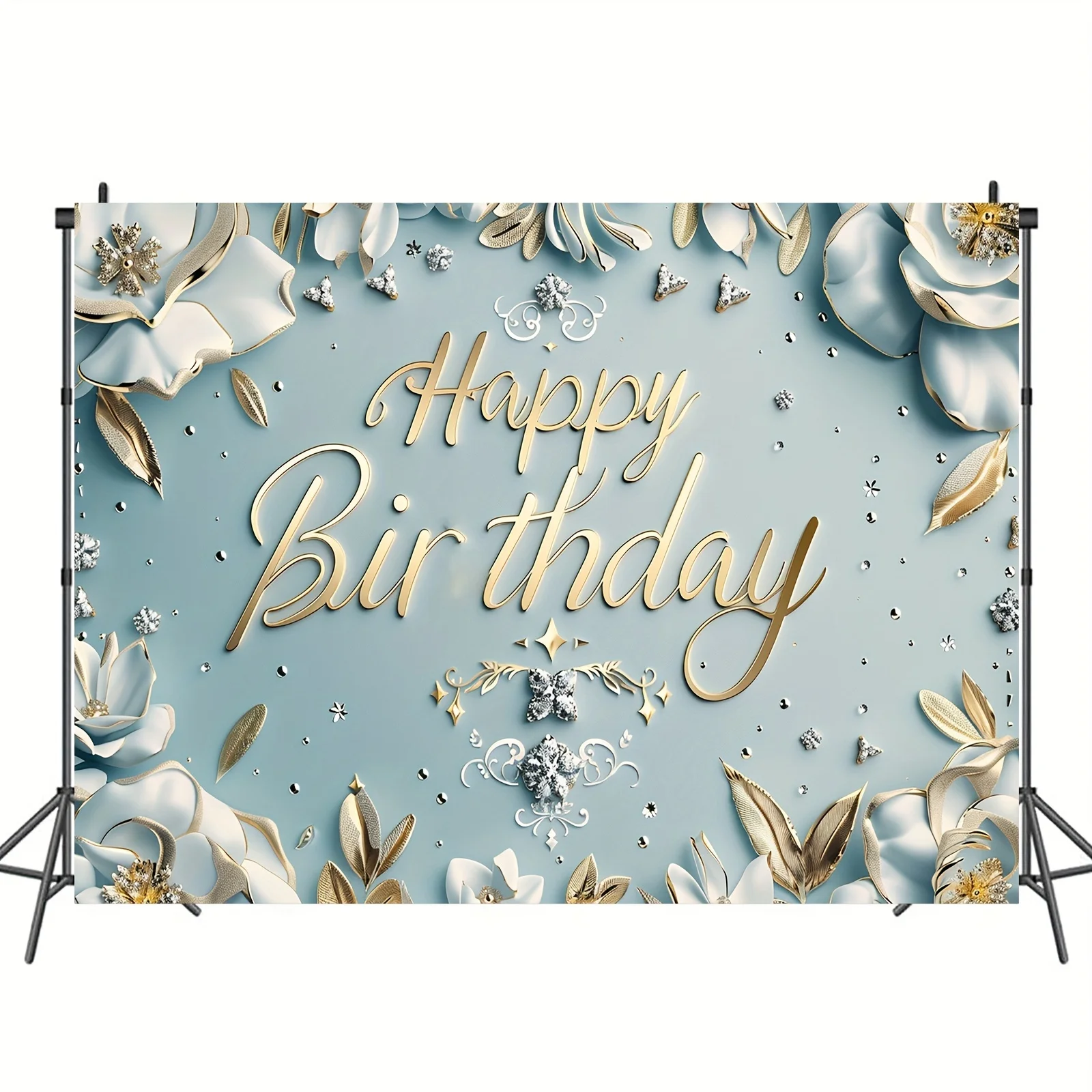 Blue Happy Birthday Background Gold Diamond Shining Bok Photography Background Sweet Party Photo Decoration Banner