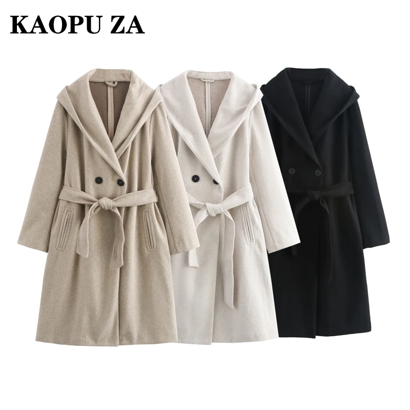 

KAOPU ZA 2024 New Autumn Women's Retro Street Style Hooded Woolen Coat Long Cardigan with Belt Chic Warm Casual Overcoat