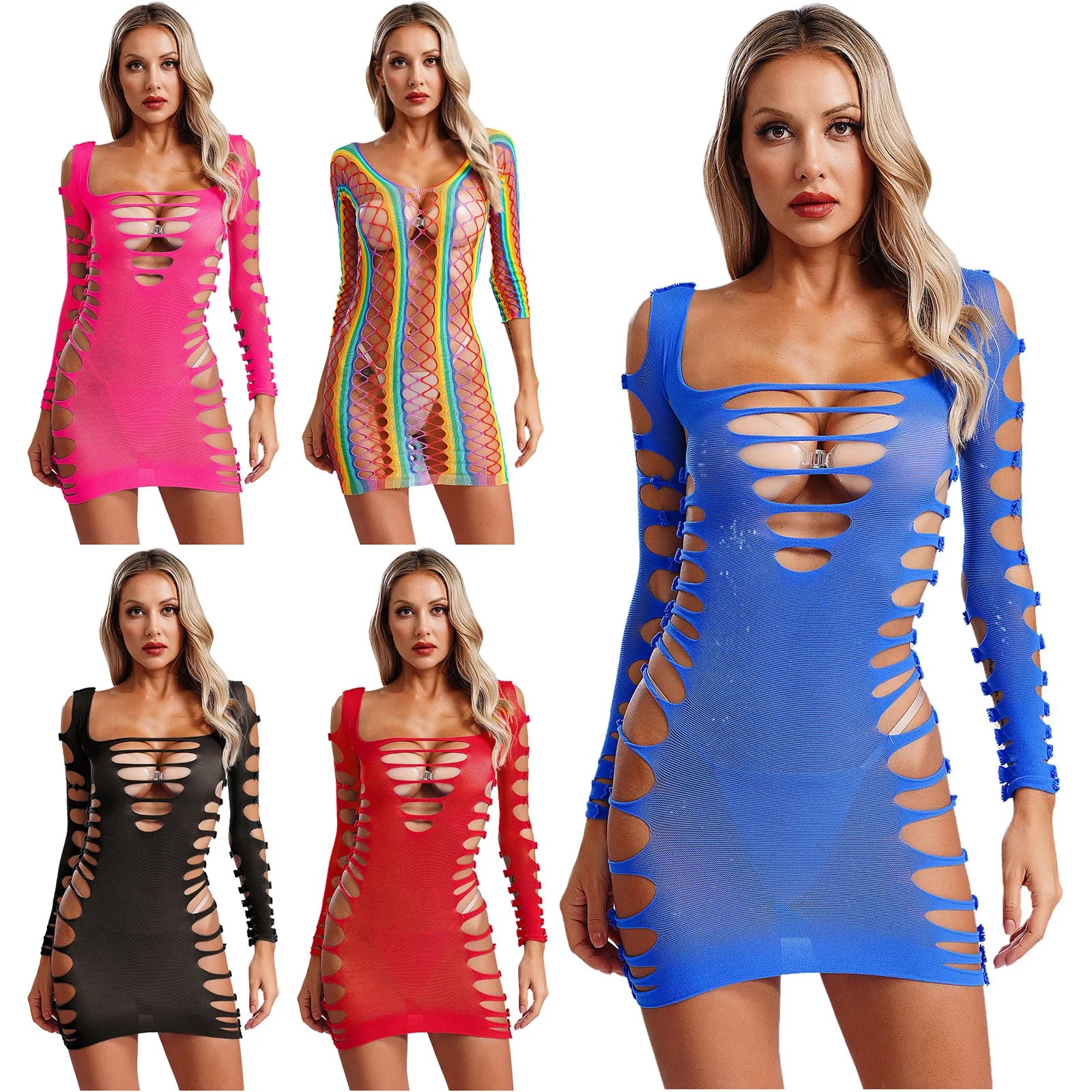 Sexy Womens See Through Fishnet Bodycon Dress Long Sleeve Hollow Out Cutout Mini Dress Swimwear Cover-up Lingerie Nightwear