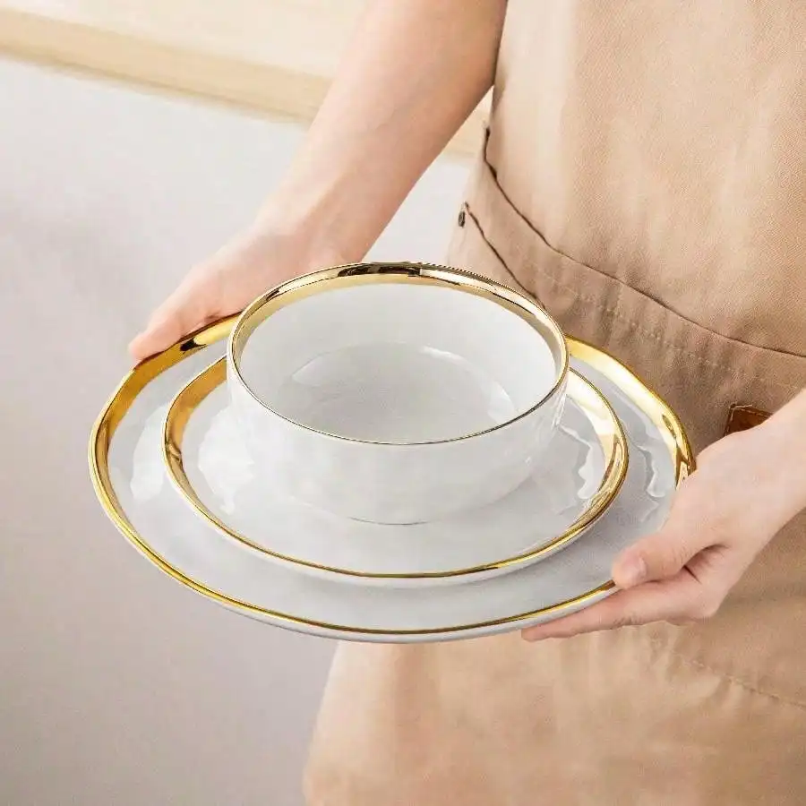 12-Piece Dinnerware, White With Golden Border, Poreclain Tableware, Dinner Plate, Dessert Plate And Bowl, Sevice For 4