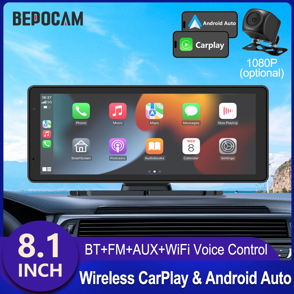 

BEPOCAM 8.1" Portable Car Player Mirrorlink BT FM WIFI GPS Navigation Car Stereo Wireless Carplay IOS Android Auto Multimedia