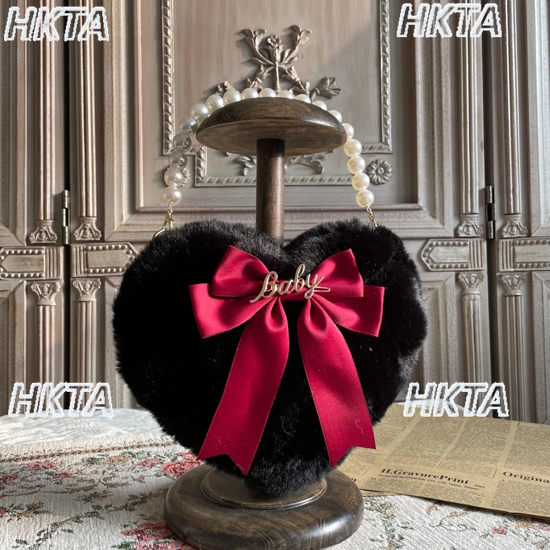 

Портативная белая косметичка с бантом ручной работы в стиле Лолиты, женская элегантная модная темпераментная жемчужная цепочка, плюшевая сумка Love с диагональю