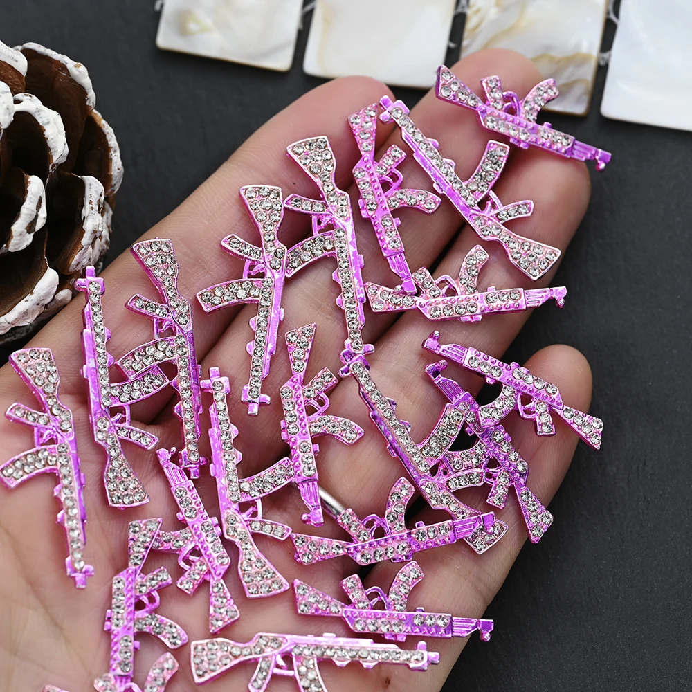 5/10pcs Luxury Pink 3D Crystal Rhinestones Gun Shape Punk Style DIY Nail Art Charms Alloy Press on Salon Manicure Decoration