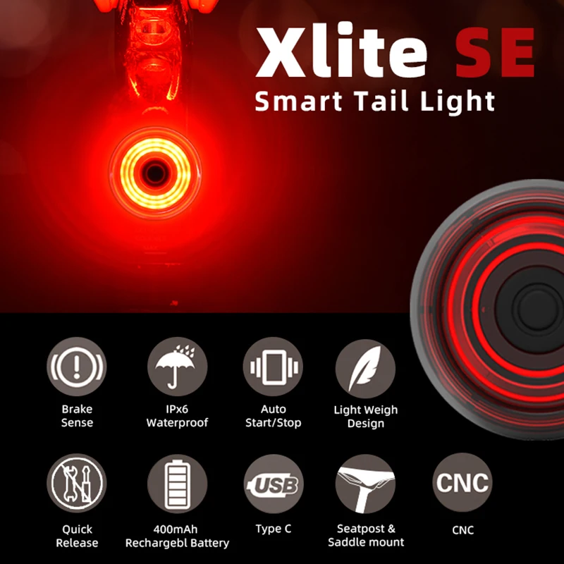 Enfitnix Xlite SE Smart Tail Light Road MTB Bike Smart Tail Waterproof LED Ultralight Light Automatic Brake Sensing Tail Lights