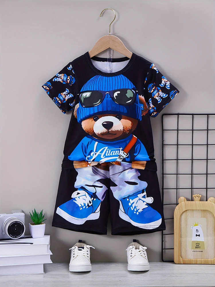 3D Cartoon Bear Print Męski T-shirt i szorty Letnia moda uliczna Męskie szorty plażowe z krótkim rękawem Codzienne męskie szorty plażowe