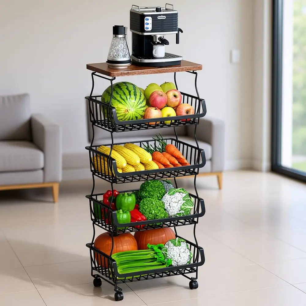 

5-ярусная штабелируемая проволочная корзина для хранения овощей на колесиках для организации кухни, кладовой и ванной комнаты