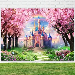 Charming fairy tale castle background with pink cherry blossoms and rainbow - perfect for wedding, princess party photography