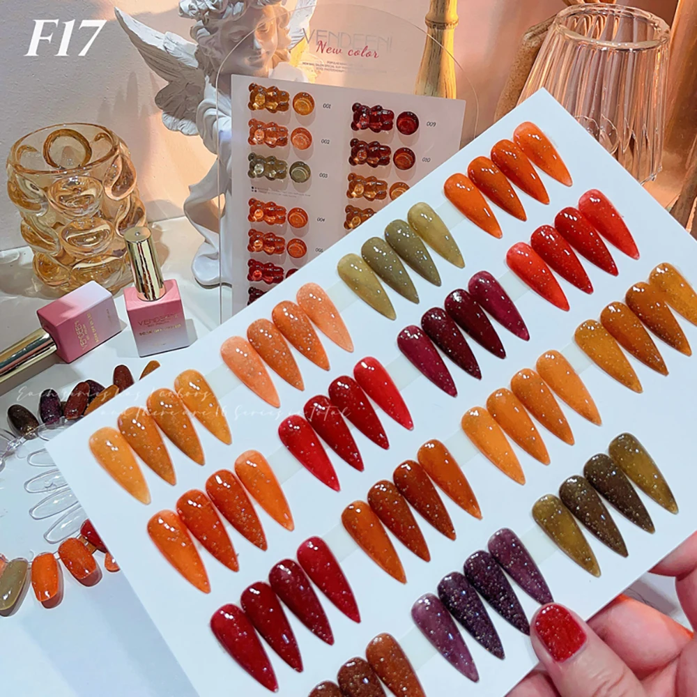 Vendeeni 15 Farben/Set Herbstfarben Glitzer-Brocken-Diamant Gel-Nagellack Orange Glanz UV LED Aushärtbarer Gel-Lack mit Display – Detail 5