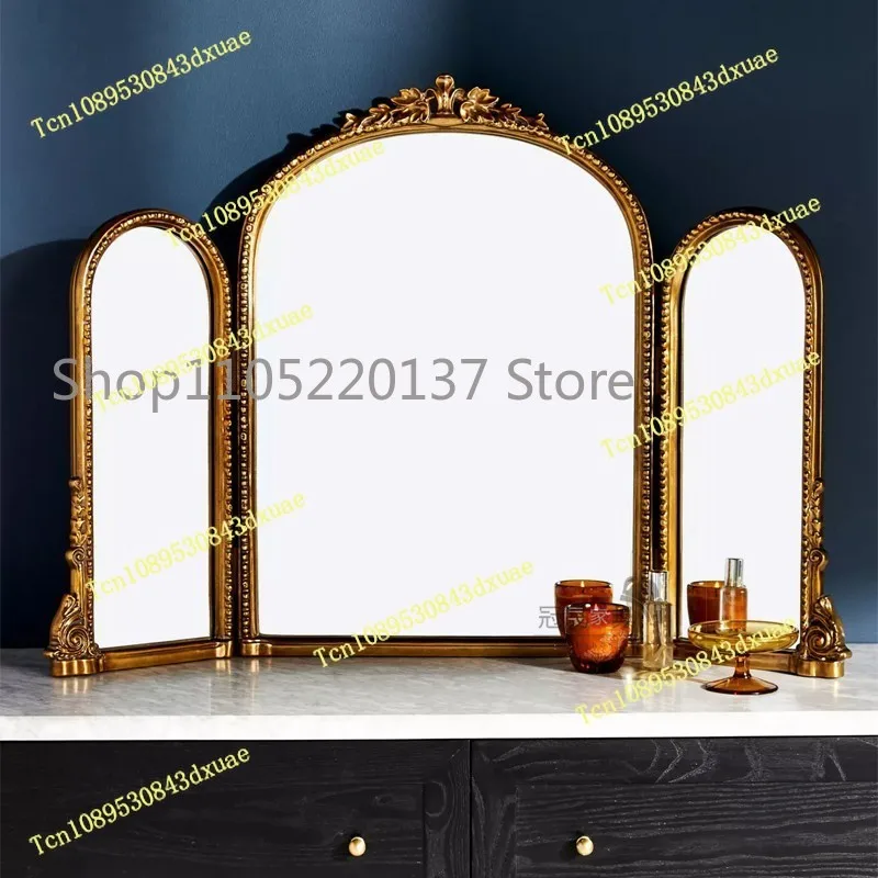 French Retro Tri-fold Mirror European Carved Vanity Bedroom Vanity Mirror Desktop Desktop Home Folding Three-sided Mirror