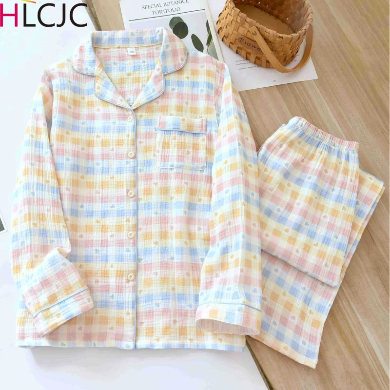 Big Size Heart Checkered Printed Pajamas For Women Long Sleeved Long Pants Cotton Crepe Spring and Autumn Home Clothes Pijamas