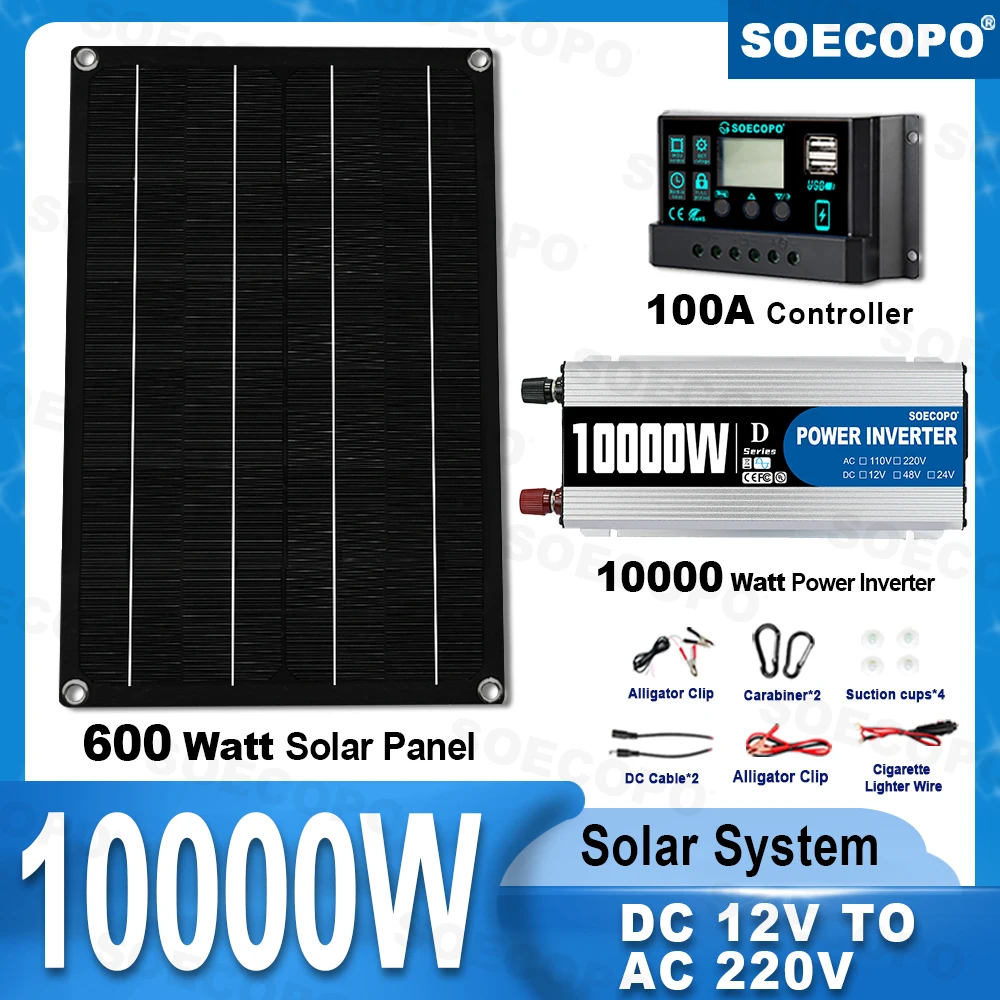 

SOECOPO 10000W Complete Solar System Kit 600W Photovoltaic Panel 100A Controller 12V To 220V 110V Inverter for Camping/RV/Home