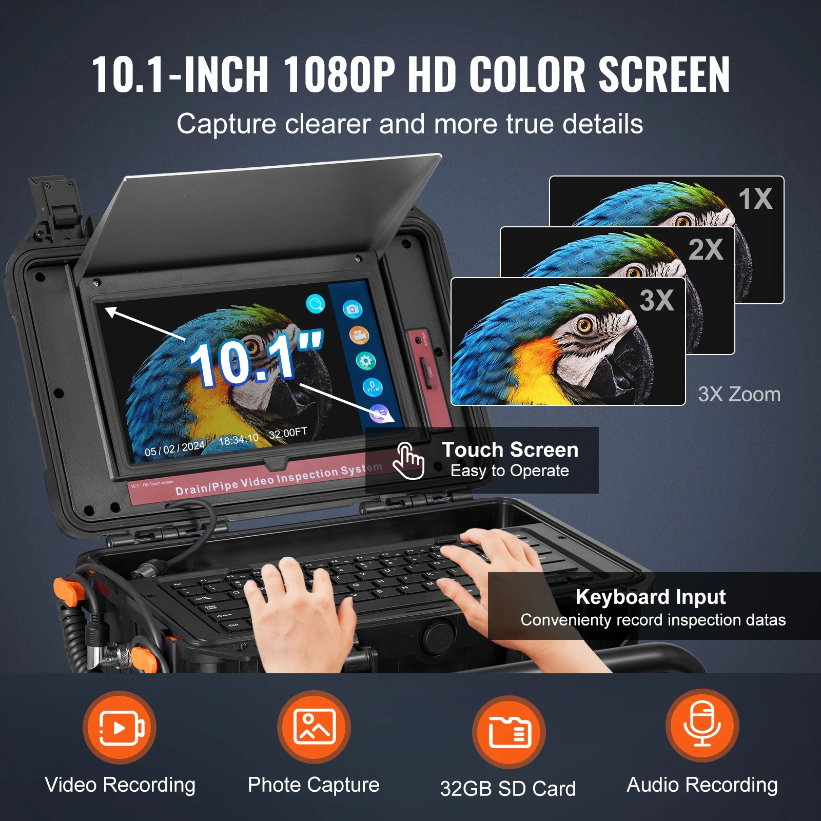 كاميرا SuceBuy المجاري 50 متر/100 متر كاميرا تصريف ذاتية التسوية مع شاشة لمس 10.1 بوصة وجهاز إرسال 512 هرتز وكاميرا عداد المسافة #4