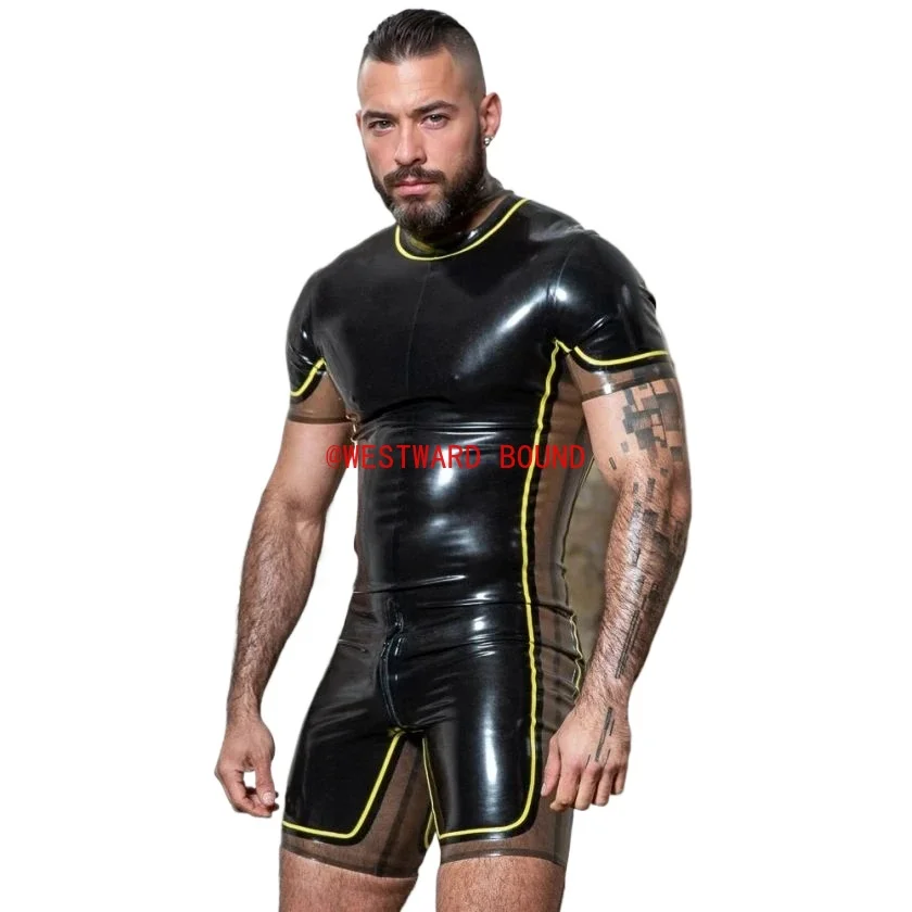 

customized latex bodysuit men's black rubber sportswear set short - sleeved top costume clubwear party cosplay