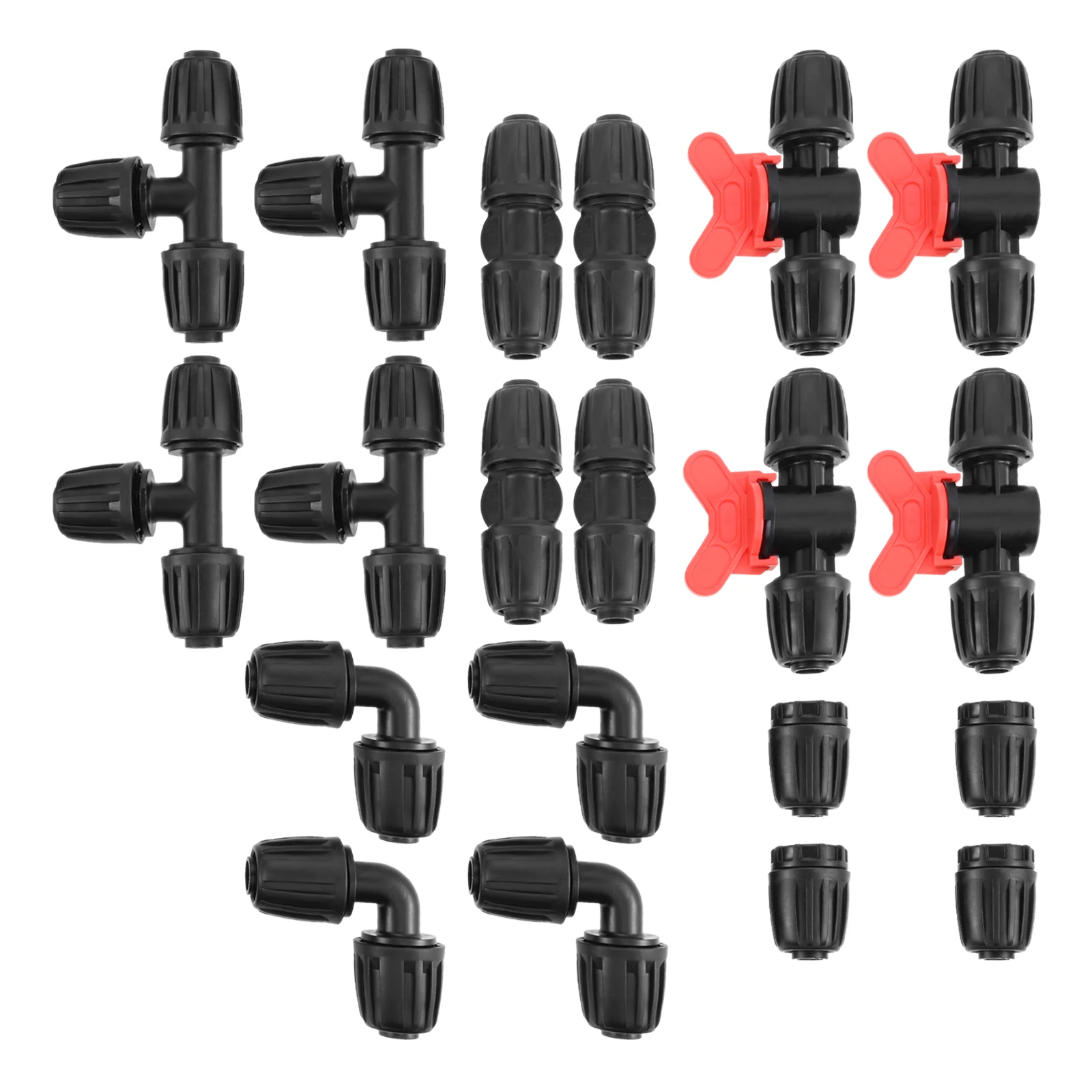 

20pcs Irrigation Fittings Kit for 1/2 Inch Drip Hoses 4 T-pieces +Couplings +Ends + Elbows +vSwitching Valves Barbed Connector