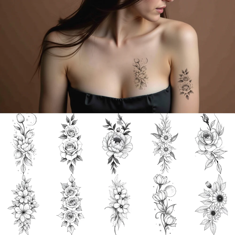 

9pcs Temporary Tattoo Line Art Sunflowers Moon Peony For Back Thighs Ladies