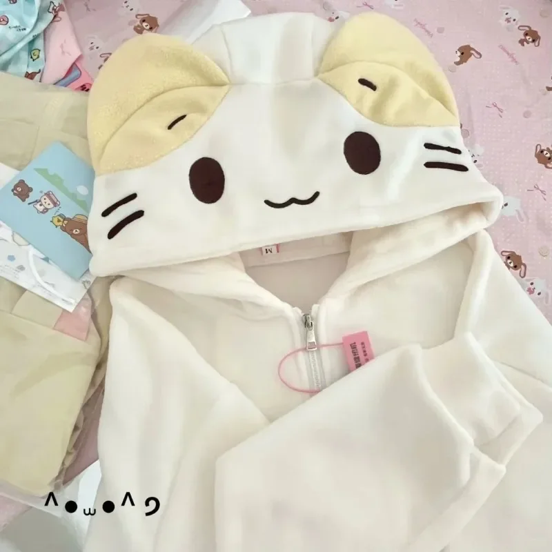 Kawaii Lolita Style Women Fleece Hoodies Cutecore Oversize Japanese Soft Girl Zipper Sweatshirt Casual Cartoon Cardigan Jacket