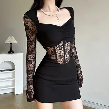 Image Nibber Black Mysterious Sexy Lace Stitching Mature Fishbone Beautiful Sweet Gentle Women'S Winter Long Sleeve Hip Short Dress