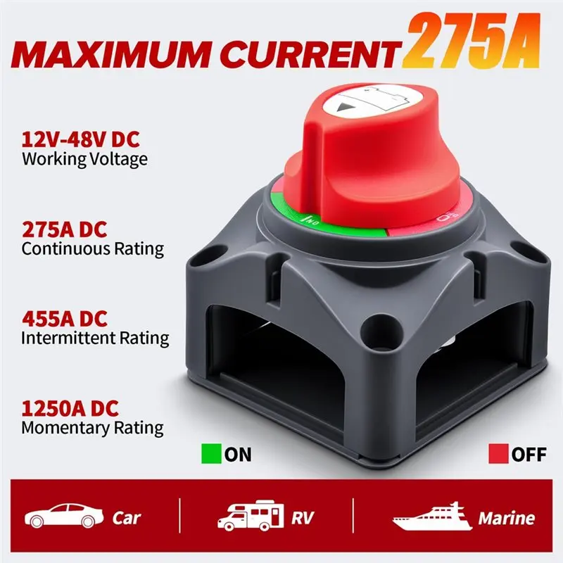 WF-Battery Disconnect Switch 275A 12V-48V Cut-Off On/Off Functionality For Marine Boat Car RV Truck Vehicles