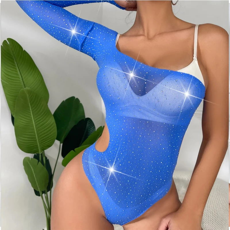 セクシーなラインストーンワンショルダードレスボディスーツ女性ダイヤモンドワンピースダンスウェアランジェリー