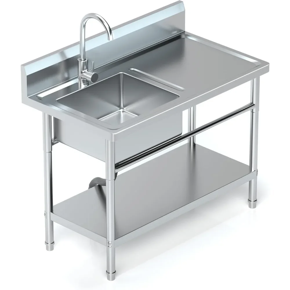 

Utility Sink Freestanding Single Bowl Laundry Sink with Hot and Cold Water Plumbing Workbench & Storage Stainless Steel Sink