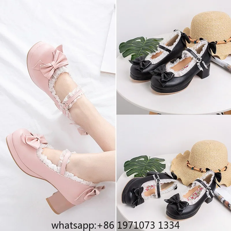 Girls Sweet Lolita Ruffles Bowknot Lace Bridal Wedding Shoes Women High Heel Bordered Princess Dress Men Pink Plus Size 33-48