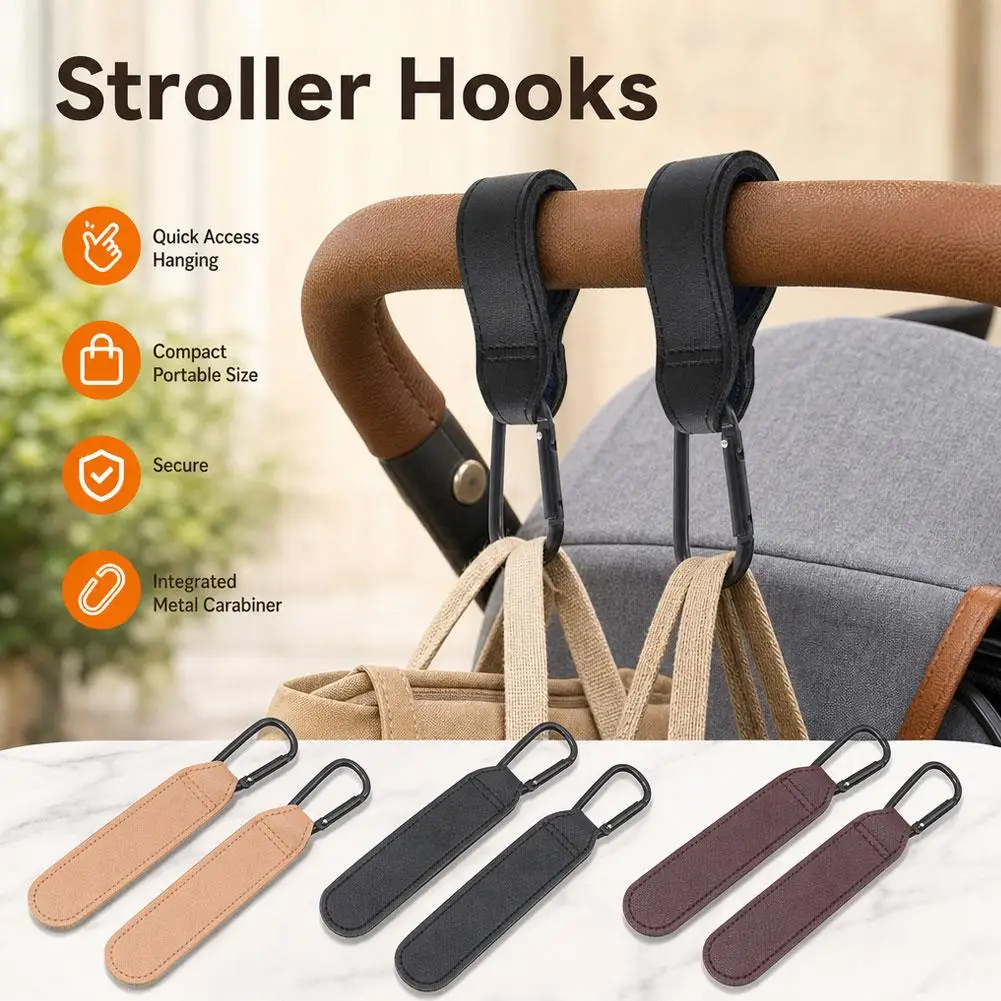 2Pcs PU Leather Stroller Hooks Versatile Stroller Handle Hanger Diaper Bag Purse Grocery Organizer Hook Stroller Accessories image 2