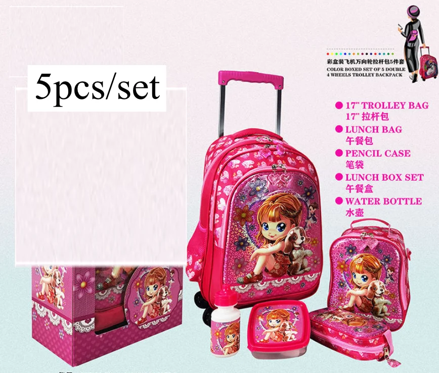 kids School Rolling backpacks set lunch bag pen bag 5 pcs / set school bag with wheels for girls School Trolley bags for boys