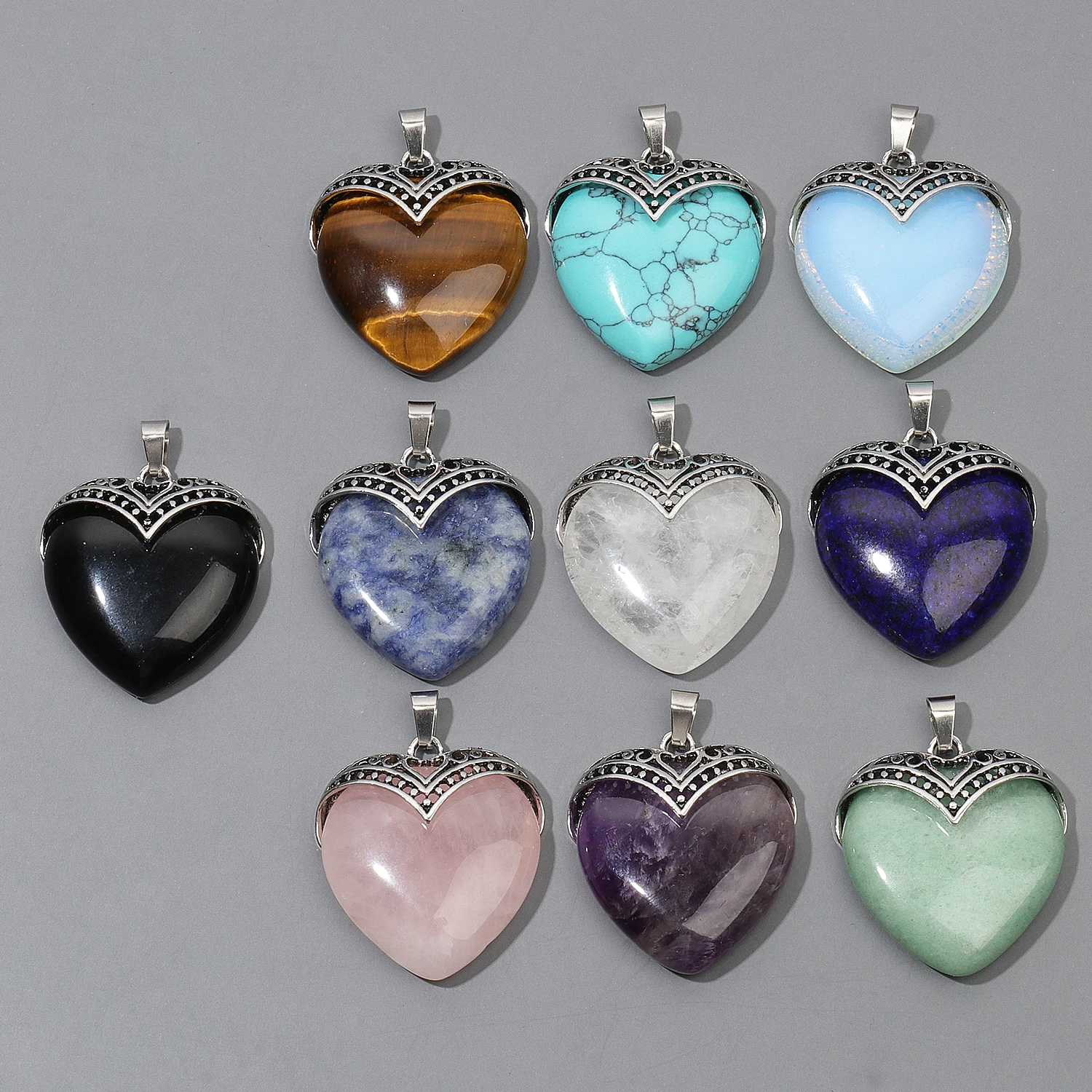 Naturally Amethyst Agates Green Aventurine Pointed Heart Shape Pendant Chain Box Kits Jewelry Making Diy Pendant 35.5x30.5x11mm