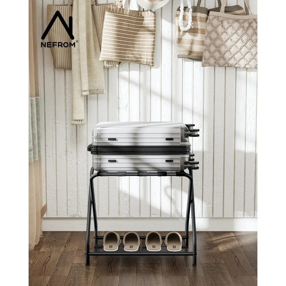 Luggage Rack Pack of 2, Foldable Suitcase Stand with Storage Shelf