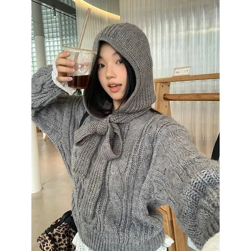 

Рождественский красный вязаный свитер, женская шапка на шнуровке, модный пуловер для девочек, осень-зима 2023, милые комплекты джемперов Y2k