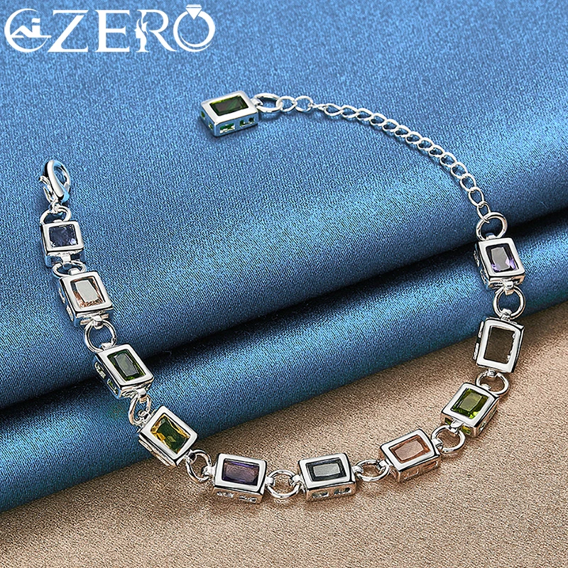 ALIZERO 925 Sterling Silver Multicolour Crystal Chain Rainbow Zircon Bracelet For Woman Fashion Charm Wedding Party Jewelry Gift